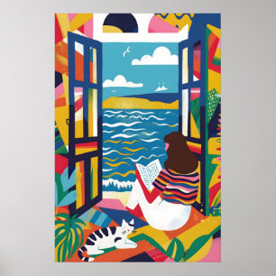 Vrouw lezend bij zee kunstprint kleurrijke kat wan poster