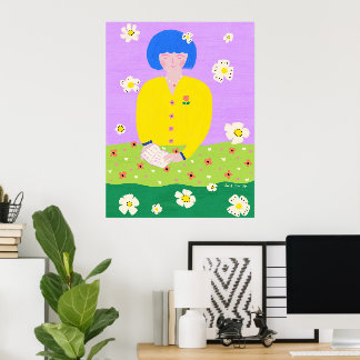 Vrouw lezend in de tuin poster