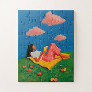 Vrouw lezend op een grazige heuvel legpuzzel