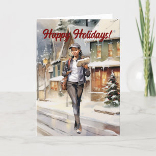 Vrouw Mail Carrier Kerstdorp Feestdagen Kaart
