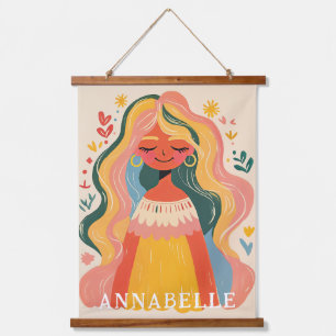 Vrouw Meisje Boho Bloem Illustratie Voornaam Hangend Wandkleed