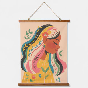 Vrouw Meisje Schattig Boho Bloem Illustratie Hangend Wandkleed