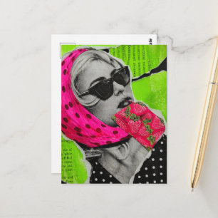 Vrouw Met Aardbeistas Surrealistische Collage Briefkaart