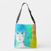 Vrouw met Abstracte blauwe haarkunst Crossbody Tas (Achterkant)