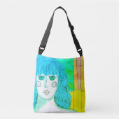 Vrouw met Abstracte blauwe haarkunst Crossbody Tas (Voorkant)