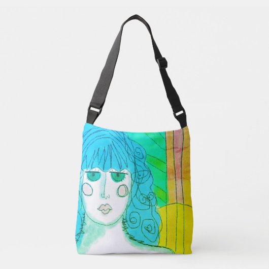 Vrouw met Abstracte blauwe haarkunst Crossbody Tas (Voorkant)