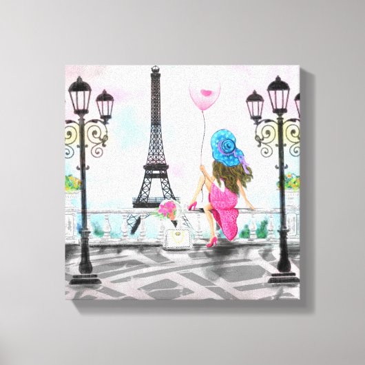 Vrouw met Ballon Paris Canvas Print Eiffel Tower (Voorkant)