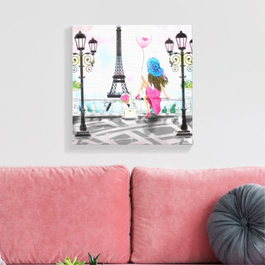 Vrouw met Ballon Paris Canvas Print Eiffel Tower (Insitu (Woonkamer))