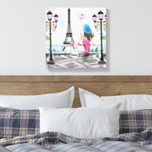 Vrouw met Ballon Paris Canvas Print Eiffel Tower (Insitu (Slaapkamer))
