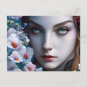 Vrouw met blauw en groen oog en bloemen briefkaart