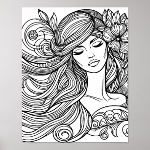 Vrouw met bloem in haarlijn kunst kleurplaat poster