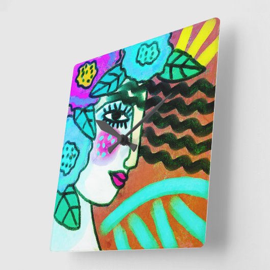 Vrouw met bloemen Abstracte kunst Vierkante Klok (Hoek)