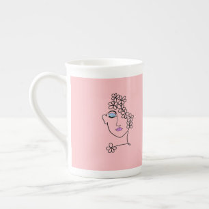 Vrouw met Bloemen Lijn Art Roze Porselein Kop