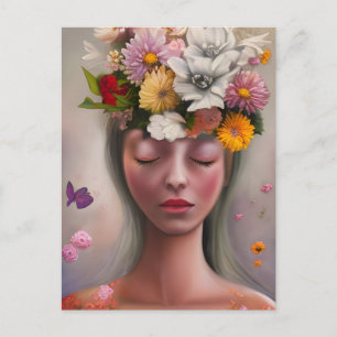 Vrouw met bloemen op haar hoofd briefkaart