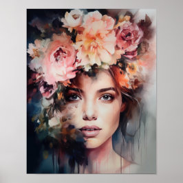 Vrouw met bloemenhoofd Art Print Poster