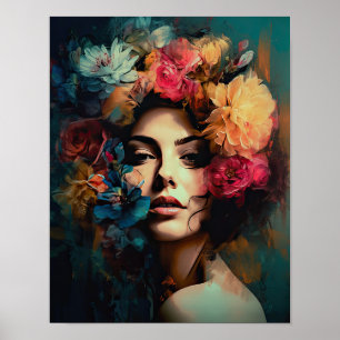 Vrouw met bloemenhoofd Art Print Poster