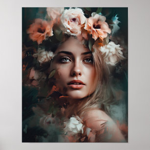 Vrouw met bloemenhoofd Art Print Poster