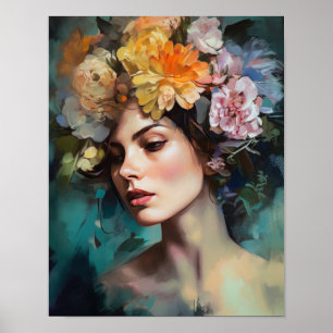 Vrouw met bloemenhoofd Art Print Poster