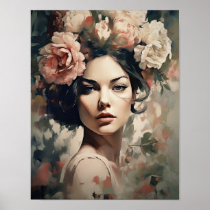 Vrouw met bloemenhoofd Art Print Poster