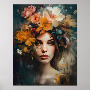Vrouw met bloemenhoofd Art Print Poster