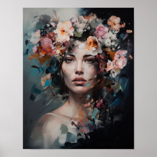 Vrouw met bloemenhoofd Art Print Poster (Voorkant)