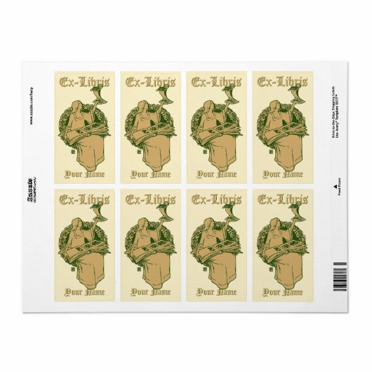 Vrouw met Boek & Vogel Ex Libris Sjabloon Etiket (Full Sheet)