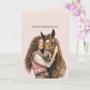 Vrouw Met Bruin Haar Omhelst Paard Roze Verjaardag Kaart