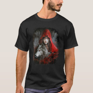 Vrouw met capuchon in rode en grijze wolf fantasy  t-shirt