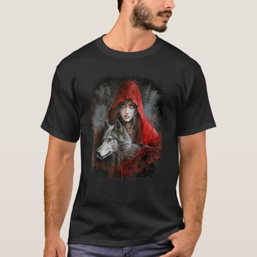 Vrouw met capuchon in rode en grijze wolf fantasy  t-shirt (Voorkant)