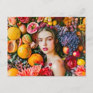 Vrouw met citrusvruchten en bloemenguirlande briefkaart