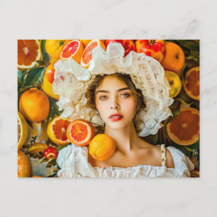Vrouw met citrusvruchten en bloemenguirlande briefkaart
