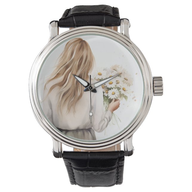 Vrouw met Daisy boeket Horloge (Voorkant)