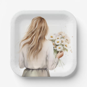 Vrouw met Daisy boeket Papieren Bordje