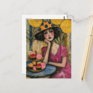Vrouw Met Dessertcollage Briefkaart