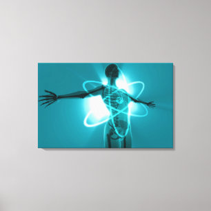 Vrouw met een bekleding van een atoomsymbool canvas afdruk
