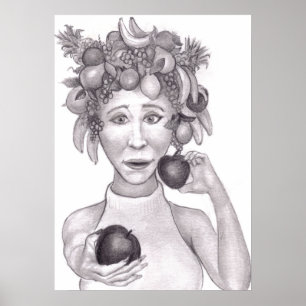 Vrouw met een hoed gemaakt van fruit die de kijker poster