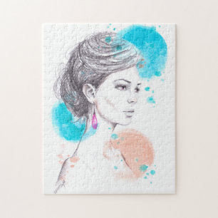Vrouw met een oorkenschets ter illustratie van mod legpuzzel