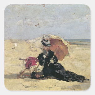 Vrouw met een parasol op de strand, 1880 vierkante sticker