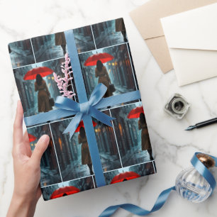 Vrouw met een rode paraplu en aktetas cadeaupapier