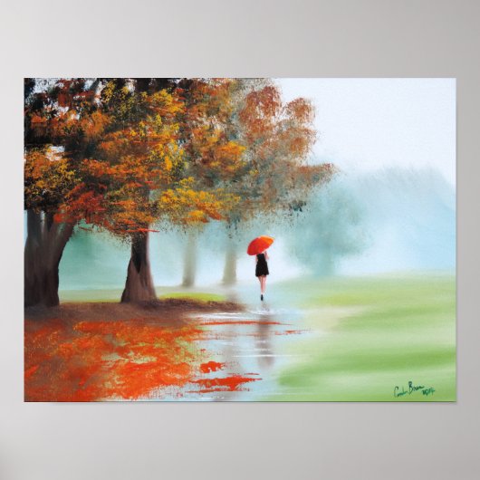 Vrouw met een rode paraplu-herfstlandschapskunst poster (Voorkant)