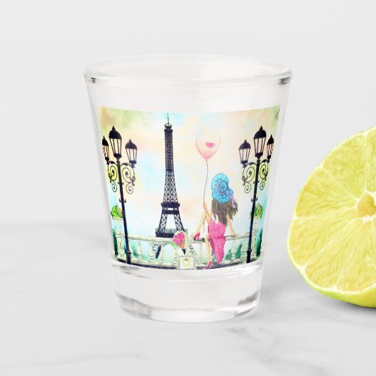 Vrouw met een roze ballon in Paris Shot Glass Shot Glas (Voorkant)