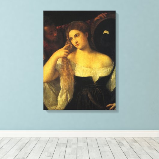 Vrouw met een spiegel van tiaan, renaissance canvas afdruk (Insitu (Houten vloer))