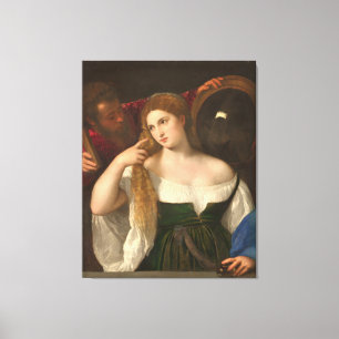 Vrouw met een spiegelbeeld van Titiaan Canvas Afdruk