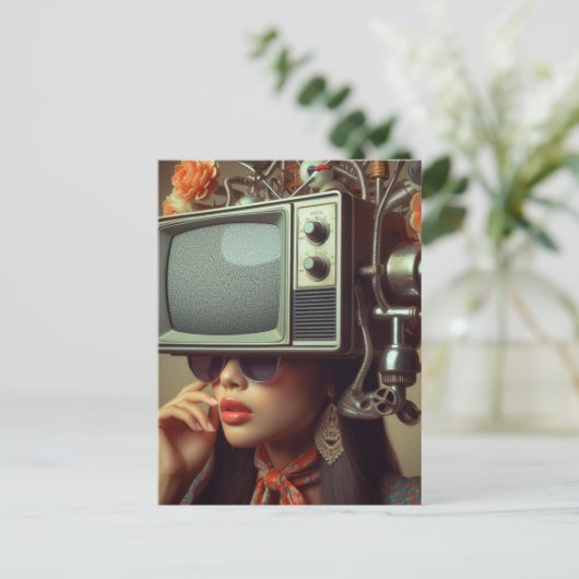 Vrouw Met Een TV Op Haar Hoofd Steampunk Briefkaart (Staand voorkant)