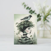 Vrouw met een vogel op haar hoofd briefkaart (Staand voorkant)