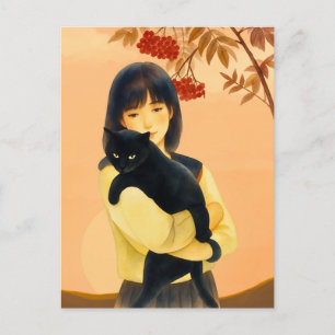 Vrouw met een zwarte kat in de herfst briefkaart