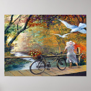 Vrouw met fiets op houten brug kunst poster