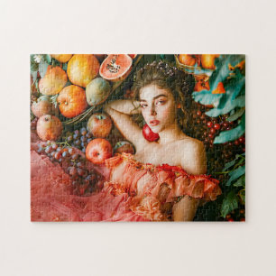 Vrouw met fruit en bloemen portretstijl legpuzzel