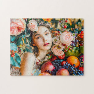 Vrouw met fruit en bloemrijke roos decoratie legpuzzel