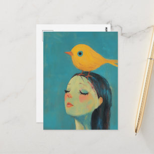 Vrouw met gele vogel op haar hoofd briefkaart